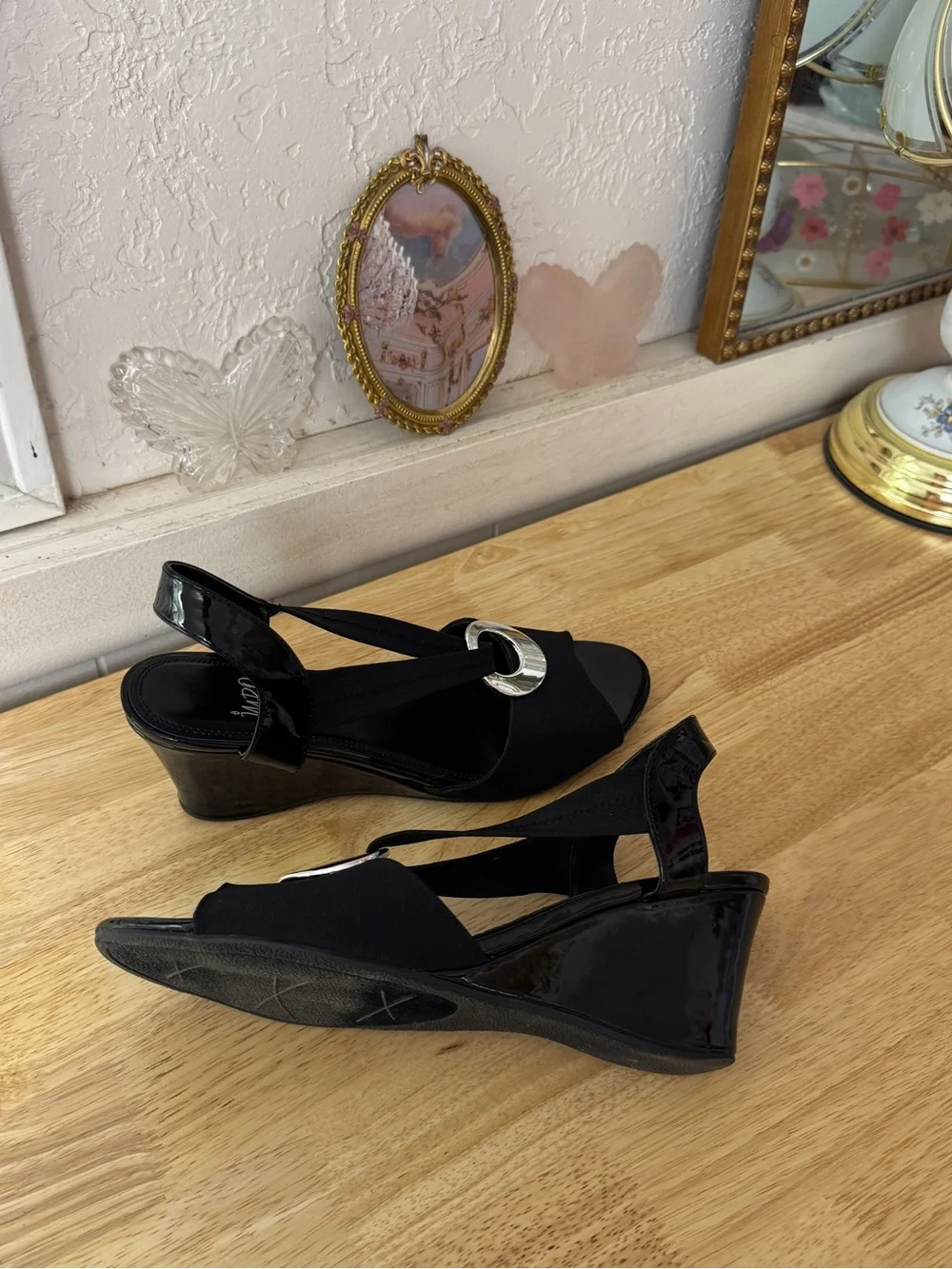 IMPO Black Stretch Slingback Wedge Sandals Size 10 Y2K Peep Toe Comfort Heels